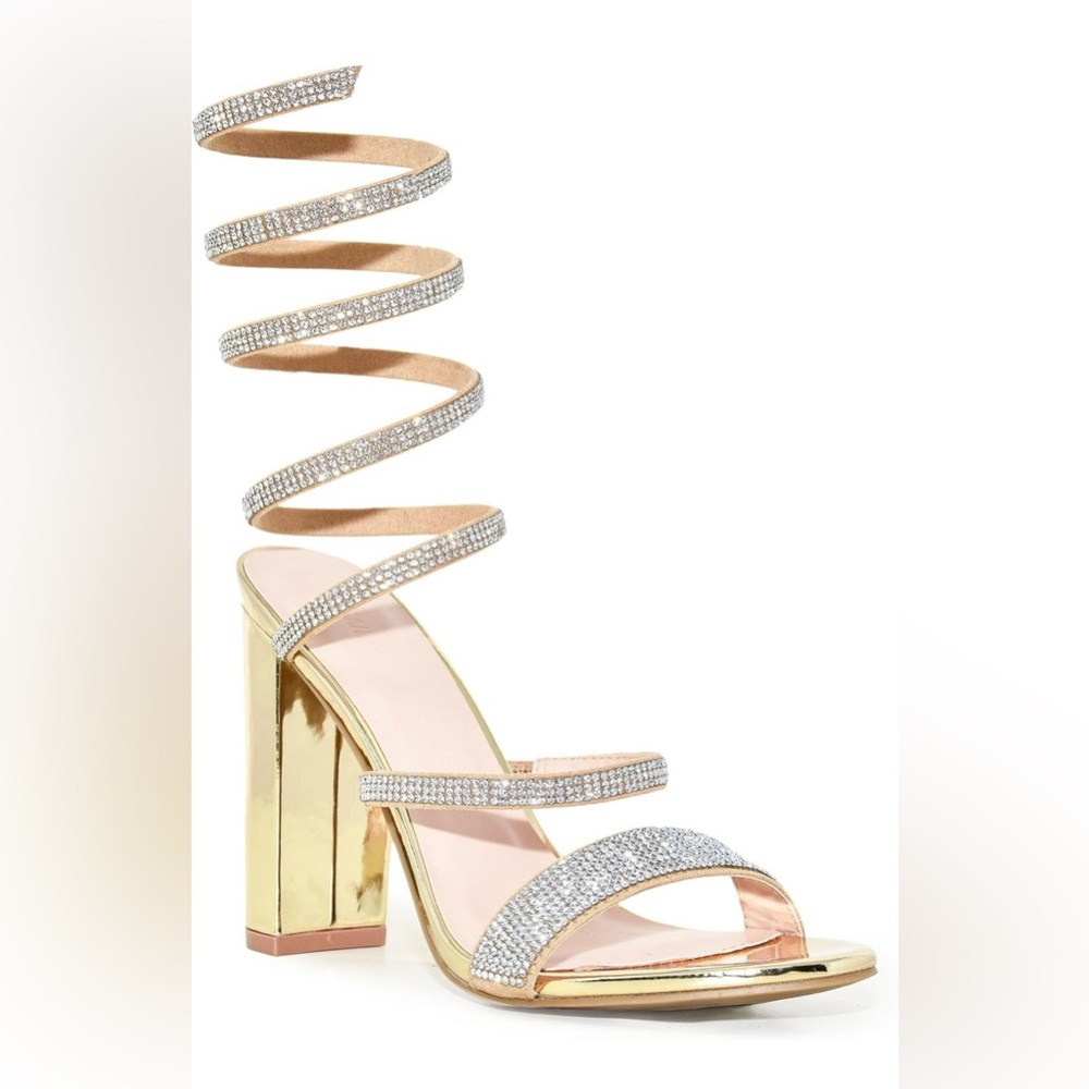 NWOT Rhinestone Ankle Wrap Chunky Block Heels